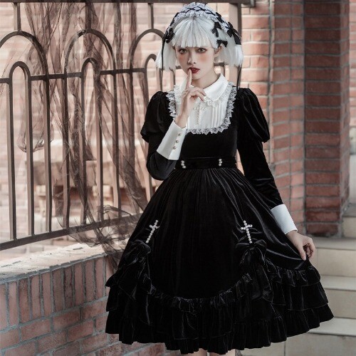 Lolita Kleid Retro Langarm Samt dunkel Lolita Dress Vintage Cross OVP Dress - Bild 3 von 13