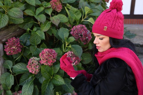 Mütze Schal Handschuhe Set Damen Bommelmütze Gefüttert Winterschal mit Fransen - Bild 74 von 75