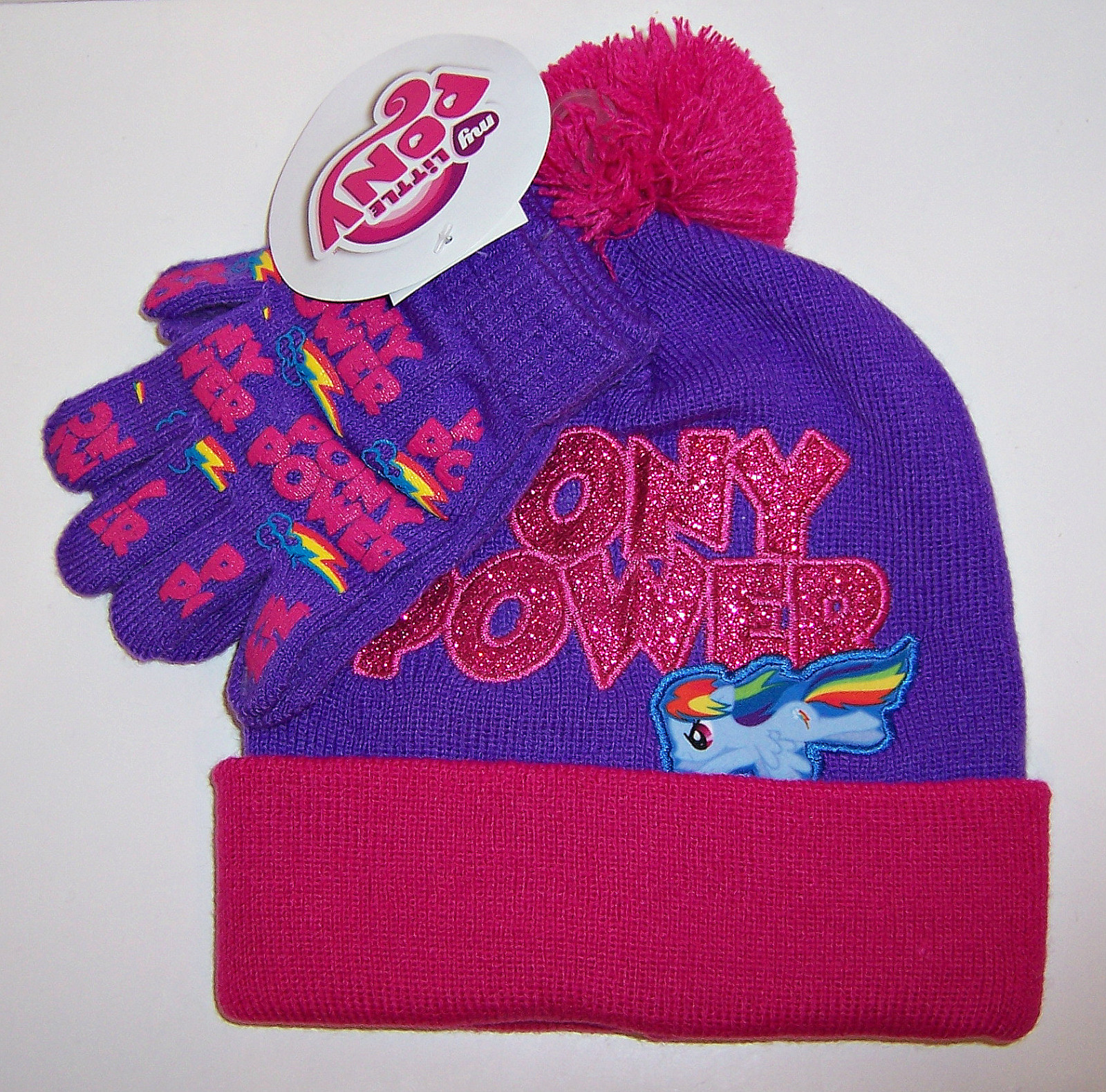 SET GUANTI BERRETTO MY LITTLE PONY Pony Power viola rosa glitter CAPPELLO Pom Pom