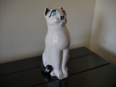 Hand Painted Ceramic Siamese Cat Figurine Statue White Blue Detail Vintage