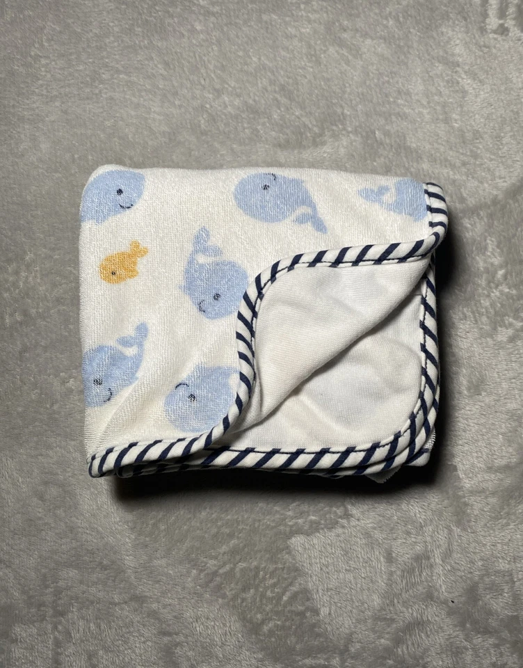 Manta Bebé Ballenas Azules Peces Dorado Blanco Terry Tela Toalla Recepción Borde Rayas Foto 2 de 4