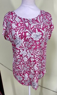 Rachel Ashwell Sz M Pink White Floral Linen Short Sleeve Blouse Beachy Resort