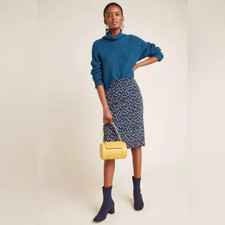 NWT Anthropologie Maeve Debra Faux Wrap Knit Pencil Skirt Navy Orange Size 8