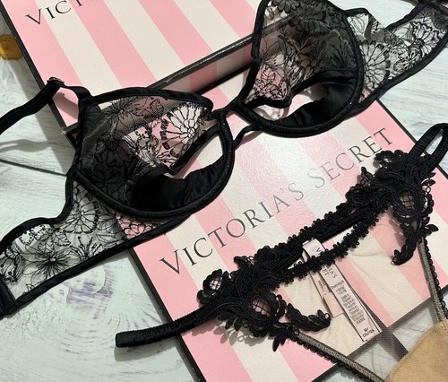 LUXE VICTORIA SECRET Floral Black Embroidered Peek A-Boo Push Up Bra Thong Set - Picture 4 of 4