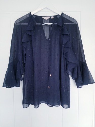 Ted Baker Azeeya Tie Neck Ruffle Blouse Navy Blue Size 3 UK 12  - Afbeelding 1 van 6