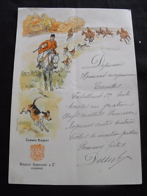 Antique Dubouché Cognac Bisquit Hunting Horse Dogs Lunch Manuscript Menu