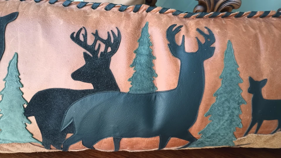 Pair Leather Pillows with Fringed Deer & Hand Painted Mountain Scenes - Image 4 of 4