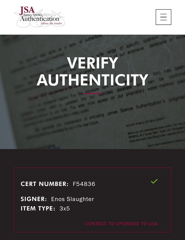 Enos Slaughter Autographed Index Card JSA CERTIFIED AUTHENTIC - Image 3 of 3