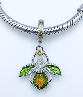 Lemon Bee Dangle Charm Pendant Insect Wings Genuine 925 Sterling Silver  