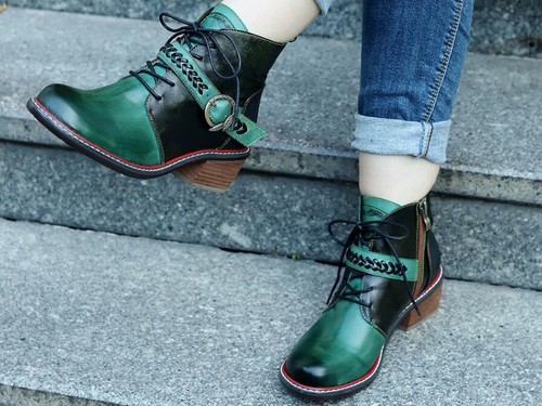 Women's Retro British style block heel Genuine Leather zipper Ankle boots shoes - Picture 7 of 18