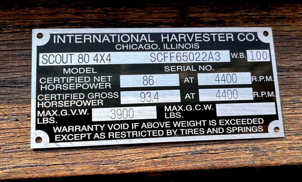 FITS INTERNATIONAL HARVESTER SCOUT TRAVELALL TRUCK DATA PLATE