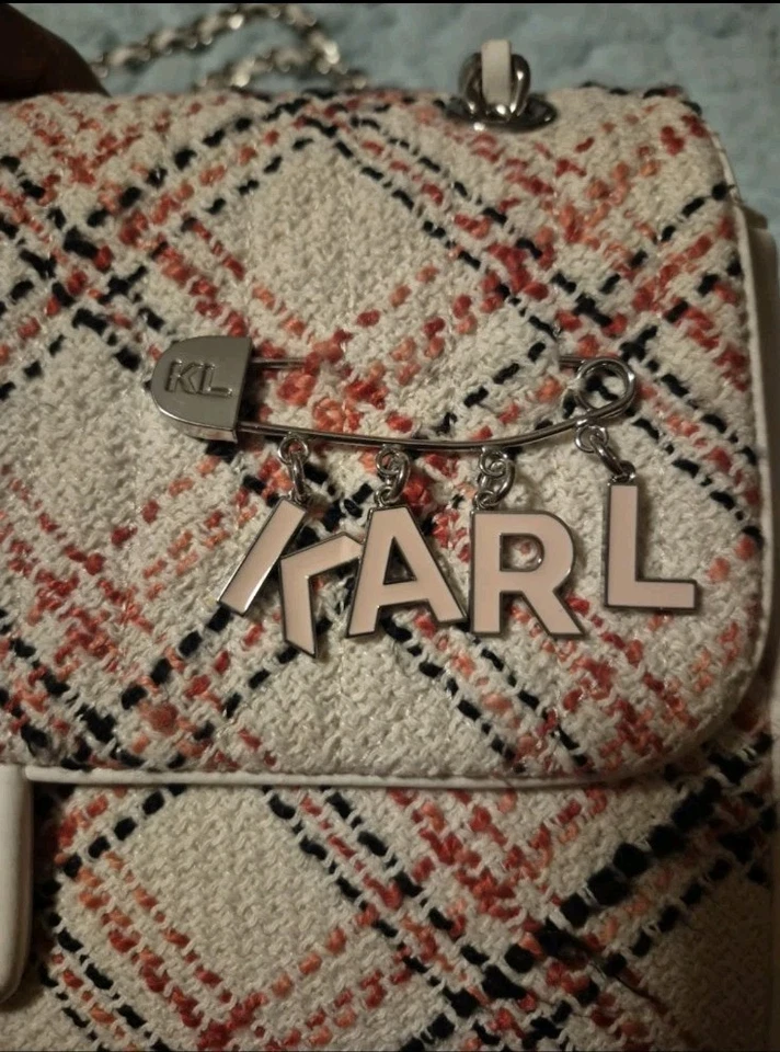KARL LAGERFELD AGYNESS PINK AND WHITE TWEED SHOULDER BAG WITH PLAID DESIGN - Image 2 of 4