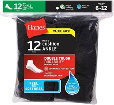 Hanes 12 Pair Men Cushion Ankle Socks VALUE PACK Double Tough Soft BLACK Wicking