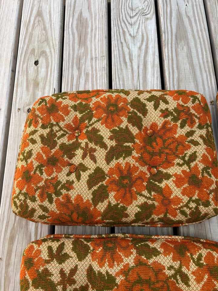 Juego de 4 Cojines de Silla Almohadillas de Asiento MCM Retro Naranja/Marrón Decoración Floral De Colección Años 70 Foto 2 de 4