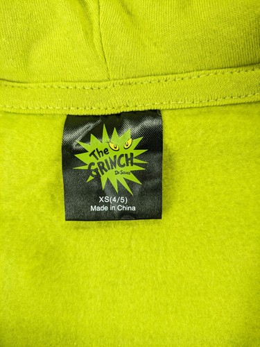 Grinch Hoodie Sweatshirt Kids XS 4/5 Green Dr Suess Face Hair Full Zip Boy Girl - Picture 3 of 12