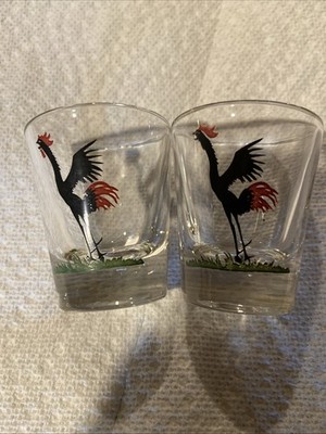 (2) Vintage Black Crowing Rooster Shot Glasses  Deep colors Nice set!
