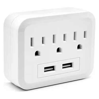 5-In-1 Wall Outlet Extender 3-Outlet 2-Ports Charger USB 5V/2. 1A Compact Travel