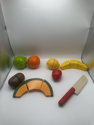 Colorful Wooden Toy Fruits and Knife Set on Clean White Background