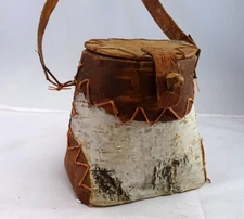 VINTAGE BIRCH BARK BERRY BASKET PRIMITIVE 24" LEATHER SHOULDER STRAP COVERED MAG
