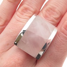 925 Sterling Silver Vintage Real Rose Quartz Modernist Statement Ring Size 7