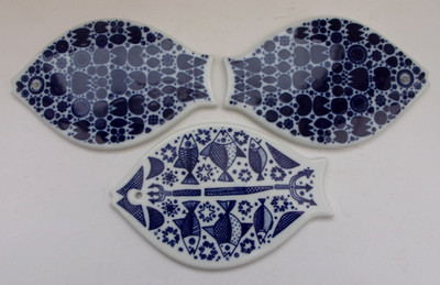 3 Untersetzer PORSGRUND NORWAY Porzellan Fische Brettchen Wanddekoration 20x13cm