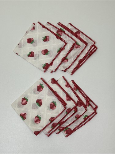Vintage Strawberry Print Napkins Set 9 Lightweight Square 8.75”  Red Thread Trim