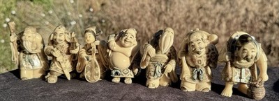 Vintage Seven Lucky Gods Shichifukujin Figurine Set of 7 Chinese Asian Decor