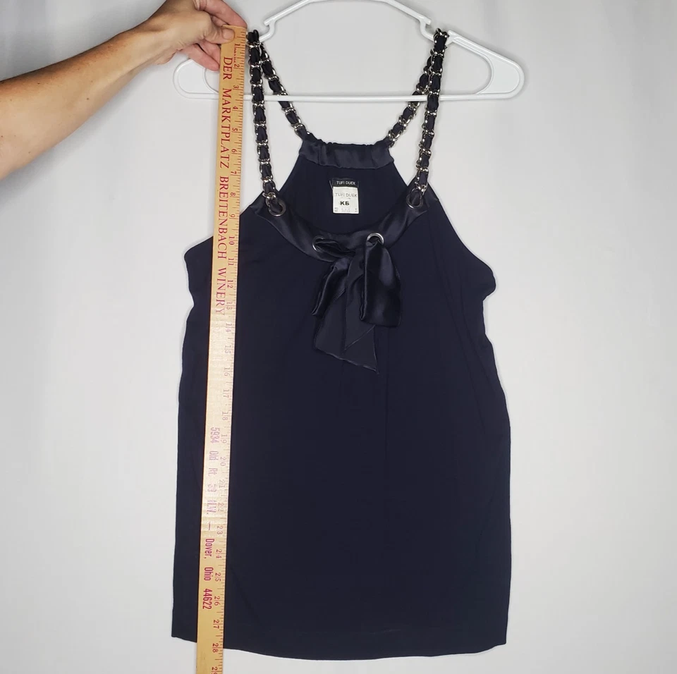 Camiseta sin mangas Tufi Duek con tiras cadena herrajes para mujer XS azul cinta satinada diseñador Y2K Foto 4 de 4