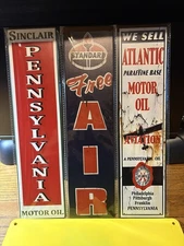 3-STANDARD-ATLANTIC-SINCLAIR GAS/MOTOR OIL/FREE AIR METAL SIGNS 4x16”NIP MANCAVE