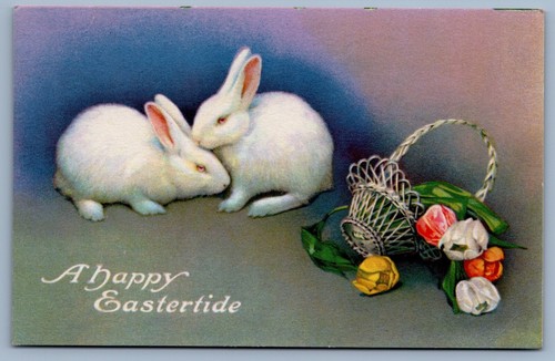 Postcard Beautiful Easter Card Cute Easter Bunnies Basket Of Flowers - Picture 1 of 2