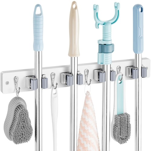 White Mop Broom Holder Wall Mount With 4 Slots & 4 Hooks Wood Broom Mop Hanger F