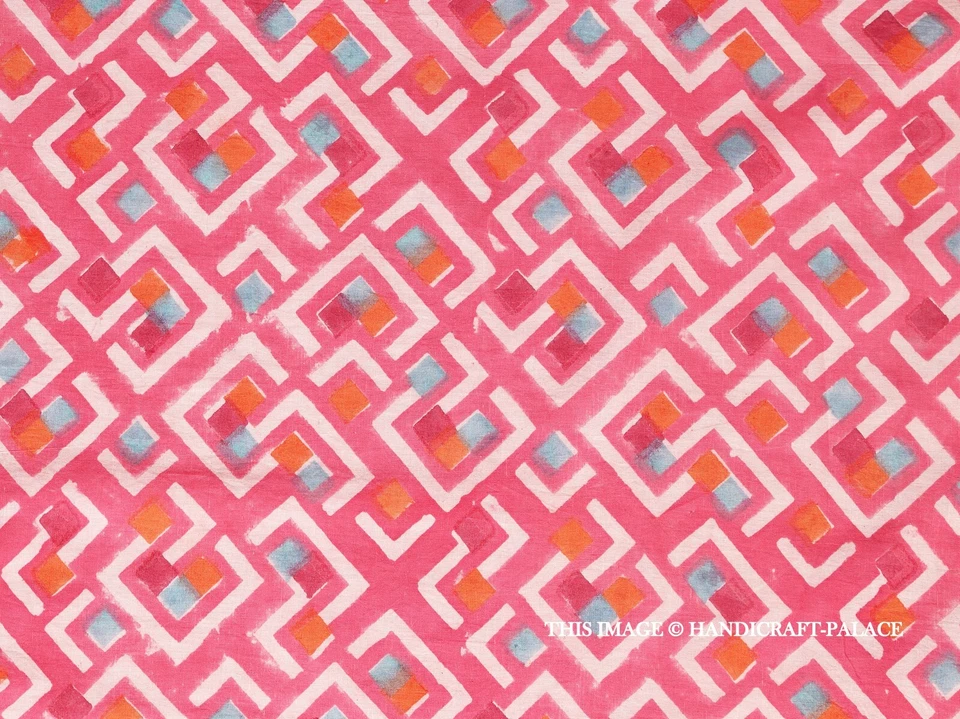 5 Yards Hand Block Printed Pink Fabric Cotton Ikat Indian Textile Sewing Fabric - Image 2 of 4