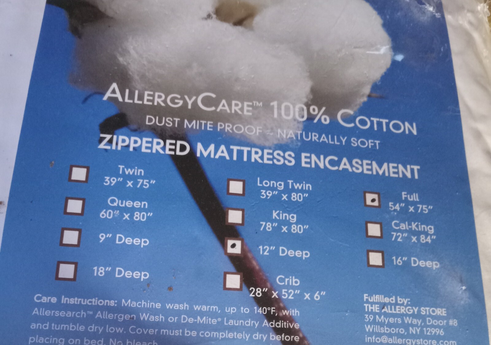 Bargoose Allergycare Pure Cotton FULL SIZE 12" Depth Zip Mattress Protector READ