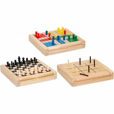 3ER SET REISESPIELE HOLZ SCHACH TIC TAC TOE LUDO REISE SPIELE KLEIN KLASSIKER