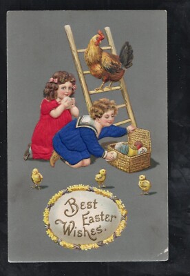 E74 Easter Antique Postcard Gather Eggs Basket Hen Ladder Chicks Fabric On Front