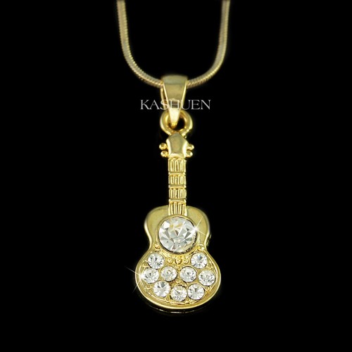 Gold Akustik Gitarre ~ mit Swarovski Kristall Musik Rock Klassische Halskette - Bild 1 von 2