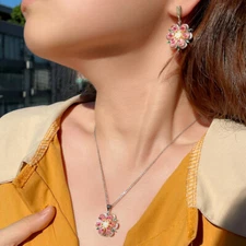 Women Multi-Tone Gold Plated Flower Pendant Necklace Earrings Zircon Jewelry Set