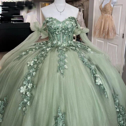 Salbeigrün Quinceanera Kleider süß 15 16 schulterfrei 3D Blumenballkleider - Bild 5 von 11