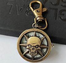 New Cartoon Skull Engraved Pocket Watch Hollow Vintage Bronze Keychain