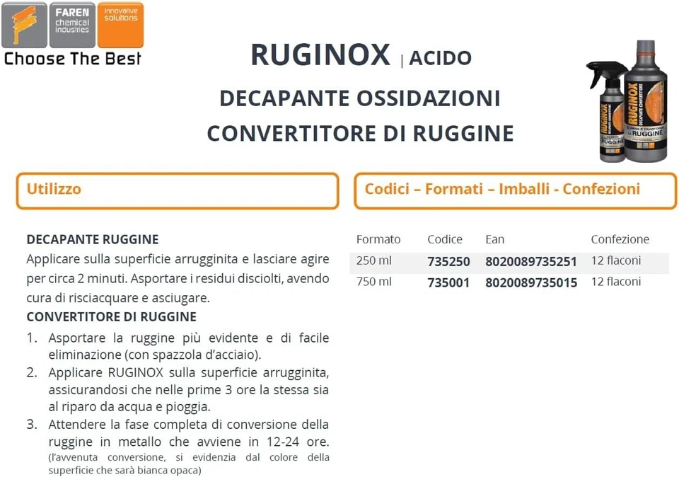 Faren-RUGINOX-Spray, Decapante-Convertitore di Ruggine rimuove ossidazioni-250ml - Immagine 3 di 4