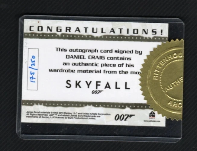 James Bond Archives 2015 Auto Autograph Relic Card Daniel Craig Skyfall #175/250 - Image 2 of 4