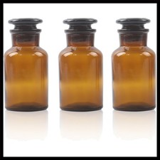 Set of 3 Wide Mouth 125ml Amber Glass Bottles with Ground Stoppers - For Labs