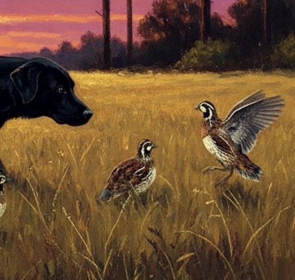 原版油画 24x16 黑色实验室鹌鹑日落南方体育艺术,签名 — 第 2/3 张图片