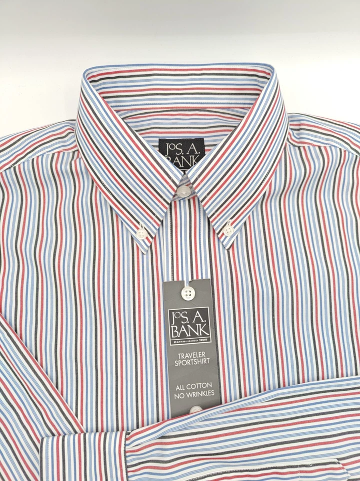 🇺🇲 New Jos A Bank Mens M 15.5x34 Red Blue Black Traveler Button Down Shirt - Image 3 of 4