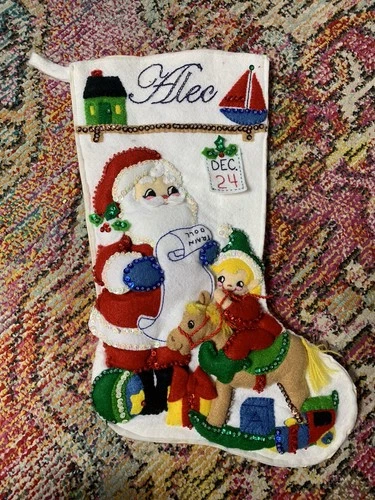Vintage Handmade Felt Christmas Stocking Santas Workshop Sequin Bucilla Elf Toys