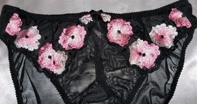 Vintage Felina Bikini Panties w Floral Embroidery Sheer Netted Black M 36