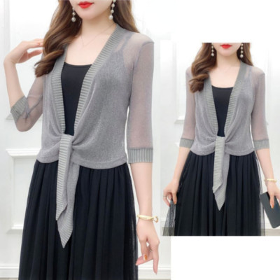 Damen glänzend Netz Crop Strickjacken Bolero Achselzucken durchsichtig Bluse Halbarm Schal einfarbig
