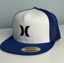 Hurley Icon Solid Flat Trucker Cap / Hat Adjustable Snapback Blue White Mesh