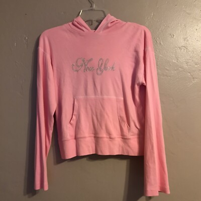 New York Womens Size L Hoodie Long Sleeve Sweater Pink Rhinestone