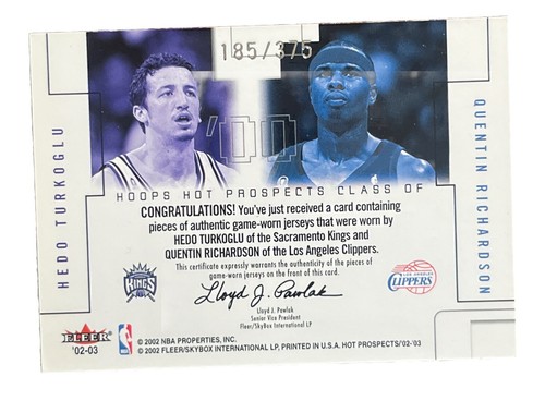 NBA Game Worn Jersey Patch HEDO TURKOGLU QUENTIN RICHARDSON 2002 SP #185/375 - Picture 2 of 2